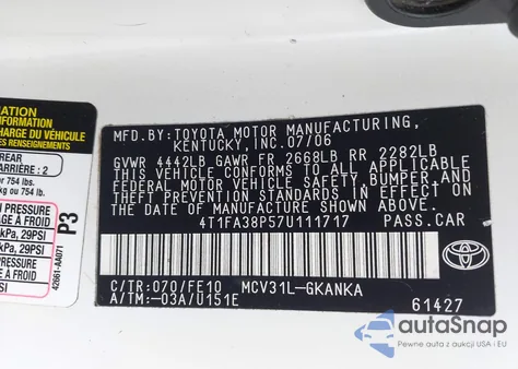 2007 Toyota Camry Solara Se from USA, damaged, VIN 4T1FA38P57U111717